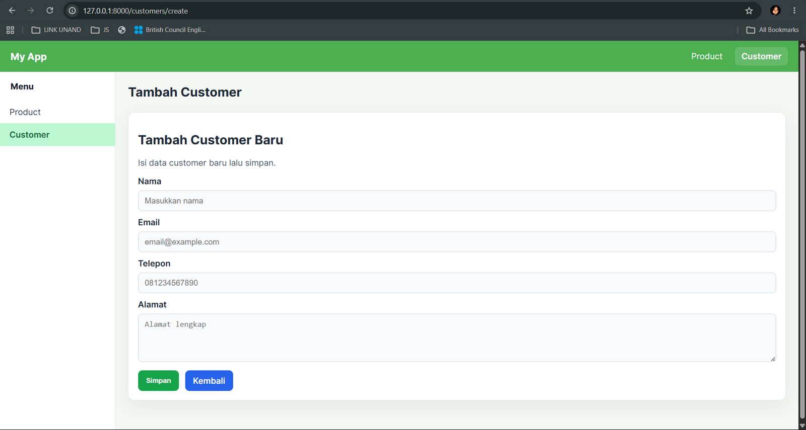 Screenshot tambah Customer