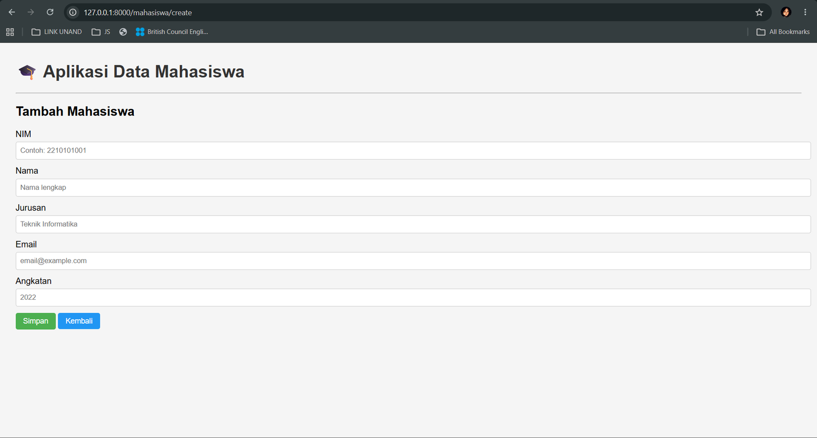 Screenshot tambah Mahasiswa