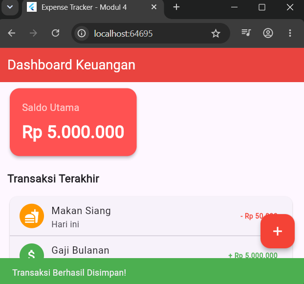 Dashboard dengan SnackBar Transaksi Berhasil Disimpan Praktikum Mobile Application 4