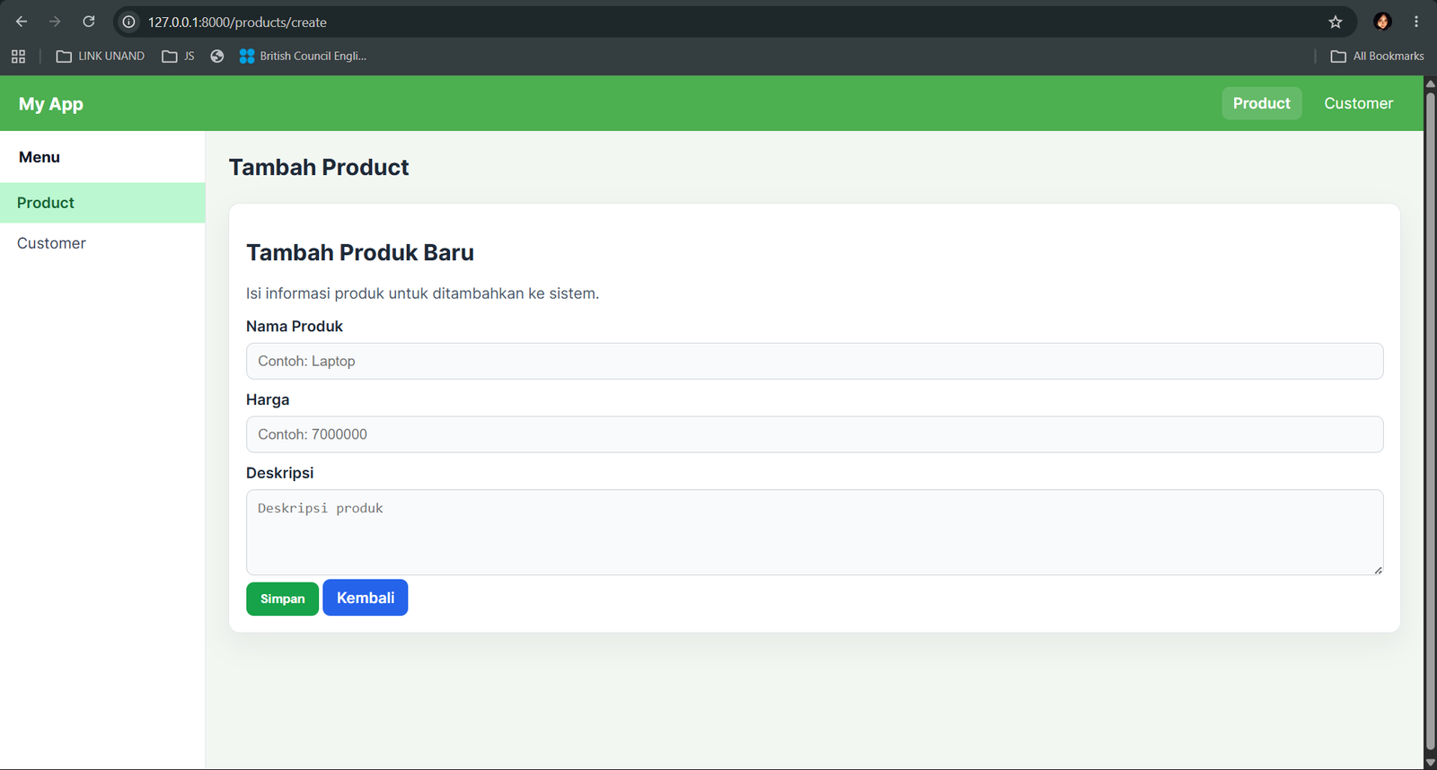 Screenshot tambah Product