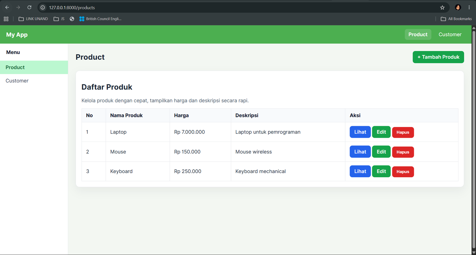 Screenshot halaman Product